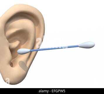 human ear and cotton swabs, 3d illustration isolated on white Stock Photo