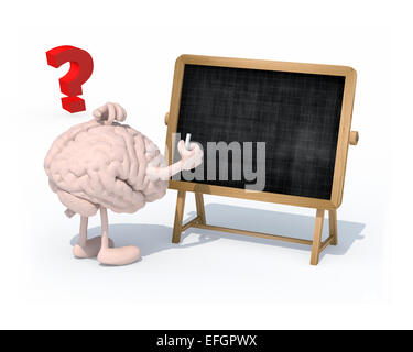 human brain with arms, legs and chalk on hand in front of blackboard, 3d illustration Stock Photo