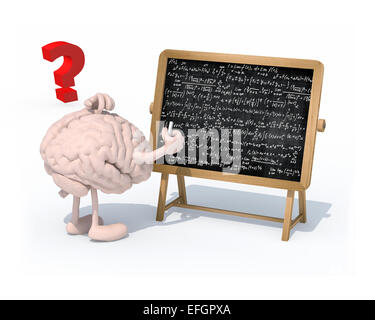 brain with arms, legs and chalk on hand in front of blackboard with math formulas, 3d illustration Stock Photo