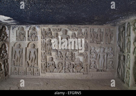 Cave 90 Miracle of Sravasti in the center with Buddha figures. Kanheri Caves Borivali, Mumbai, India. Stock Photo