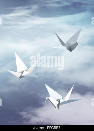 origami paper bird fly in the sky, 3d illustration Stock Photo