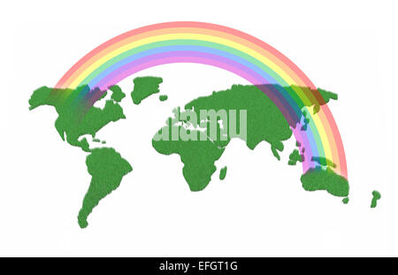 world map made with grass and rainbow over, 3d illustration Stock Photo