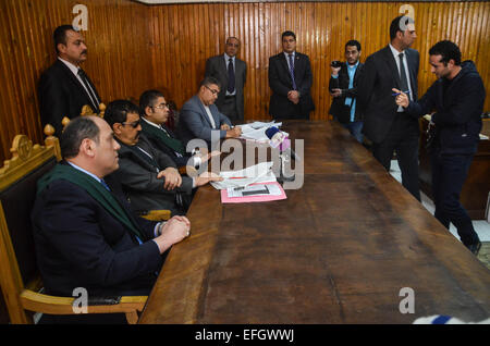 Cairo, Egypt. 4th Feb, 2015. Ahmed Douma (1st R), an Egyptian liberal activist, defends himself on a court in Cairo, Egypt, on Feb. 4, 2015. An Egyptian court on Wednesday sentenced prominent liberal activist Ahmed Douma to life imprisonment on charge of violence outside the cabinet headquarters in 2013, the state-run Ahram website reported. Credit:  Mohamed El Raai/Xinhua/Alamy Live News Stock Photo