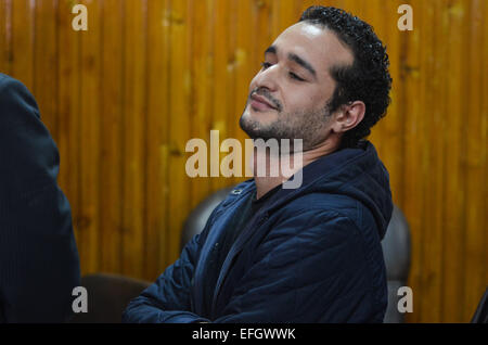 Cairo, Egypt. 4th Feb, 2015. Ahmed Douma, an Egyptian liberal activist, reacts on a court in Cairo, Egypt, on Feb. 4, 2015. An Egyptian court on Wednesday sentenced prominent liberal activist Ahmed Douma to life imprisonment on charge of violence outside the cabinet headquarters in 2013, the state-run Ahram website reported. Credit:  Mohamed El Raai/Xinhua/Alamy Live News Stock Photo