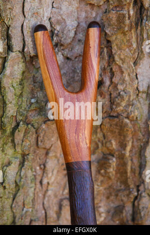 Traditional handcrafted wooden walking stick with churchill thumbstick handle Stock Photo