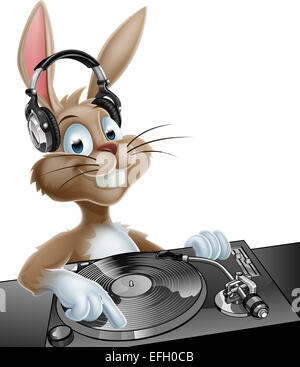 An illustration of a cute cartoon Easter Bunny DJ at the decks with headphones on Stock Photo