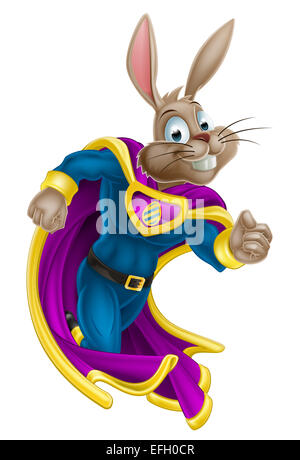 A cute cartoon superhero Easter Bunny character running Stock Photo