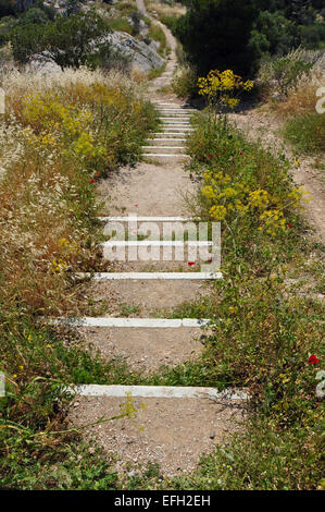 Trail footpath with crooked steps on hill slope. Stock Photo