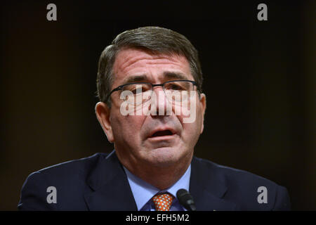 Washington DC, USA. 4th February, 2015. Ashton Carter, U.S. President Barack Obama's nominee to be next Secretary of Defense, testifies in a nominations hearing before the Senate Armed Services Committee on Capitol Hill in Washington, DC, the United States, Feb. 4, 2015. Carter, if confirmed, will be Obama's fourth Defense secretary to replace Chuck Hagel, who announced his resignation last November. Credit:  Xinhua/Alamy Live News Stock Photo