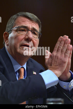 Washington DC, USA. 4th February, 2015. Ashton Carter, U.S. President Barack Obama's nominee to be next Secretary of Defense, testifies in a nominations hearing before the Senate Armed Services Committee on Capitol Hill in Washington, DC, the United States, Feb. 4, 2015. Carter, if confirmed, will be Obama's fourth Defense secretary to replace Chuck Hagel, who announced his resignation last November. Credit:  Xinhua/Alamy Live News Stock Photo