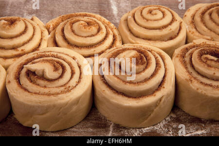 Uncooked cinnamon rolls on a wooden cutting board. Stock Photo