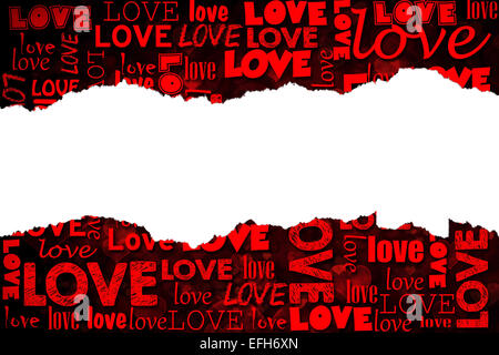 Apstract love background with little hearts and letters and blank torn paper in the middle Stock Photo