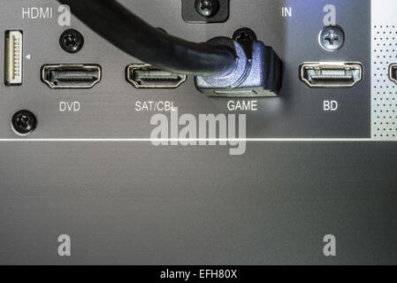 Closeup of hdmi inputs of an amplifier. A cable entry points under the name game Stock Photo