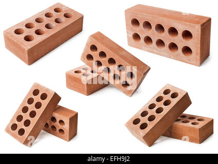 Set of red bricks used in construction and home building. Isolated on white background. Stock Photo