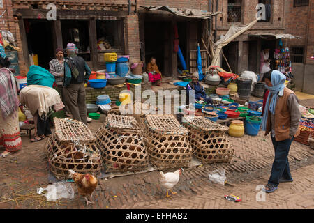 Small street market selling chickens in a backstreet in Bhaktapur, Kathmandu Valley, Nepal Stock Photo