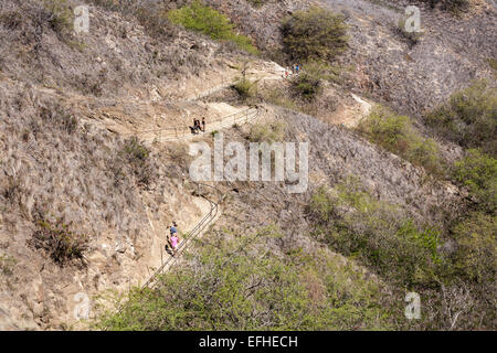 The Long Dry Walk to the Top. Hikers trek up and down the narrow winding path to the summit of Diamond Head an extinct volcano Stock Photo