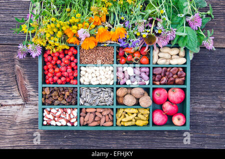 various medical herbs, vegetarian healthy fruits, seeds and dried food ingredient  in wooden box Stock Photo