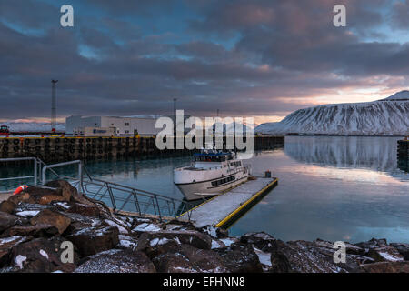 Sunrise at Grundarfjorour ,depicting a white tour boat and harbour view of the small Icelandic fishing village of Grundarfjordur Stock Photo