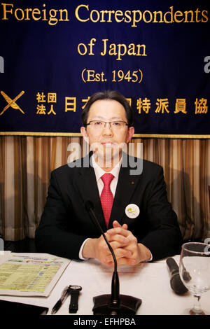 Masao Uchibori, February 5, 2015, Tokyo, Japan : Masao Uchibori, Governor of Fukushima Prefecture, speaks about the progress made by the economic revitalization program since the nuclear and tsunami disasters of 2011 at the Foreign Correspondents' Club of Japan. Uchibori emphasized that the priority projects were rebuilding towns, promoting citizen's health and the agricultural, fishery and technology industries. One of the goals of the Fukushima is to cover 100% of its energy demand through renewable energy by 2040. It is working in collaboration with NRW State (Nordhein-Westfallen State) of Stock Photo