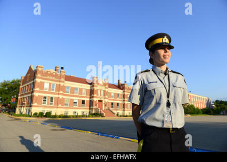 Female Mountie at the Royal Canadian Mounted Police Depot, RCMP training academy in Regina, Saskatchewan, Canada Stock Photo