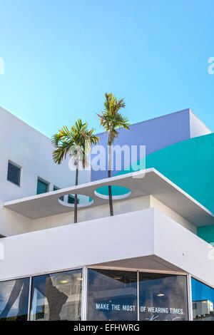 Modern architecture with palm trees on Collins Avenue, Art Deco District, South Beach, Miami, Florida, USA Stock Photo
