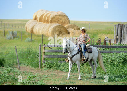 Woman on horseback, La Reata Ranch, Canadian Prairies, Saskatchewan, Canada. Stock Photo