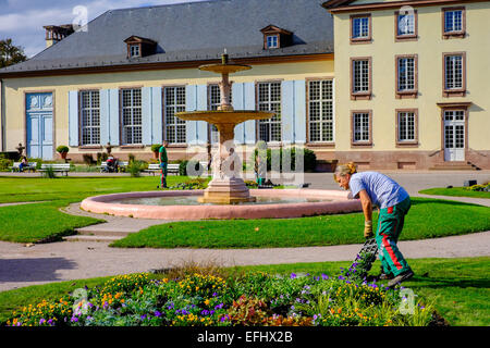 Gardeners and Josephine pavilion Parc de l'Orangerie park Strasbourg Alsace France Europe Stock Photo