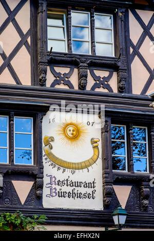 Sundial on Bürehiesel restaurant, Parc de l'Orangerie, Orangery park, Strasbourg, Alsace, France, Europe, Stock Photo
