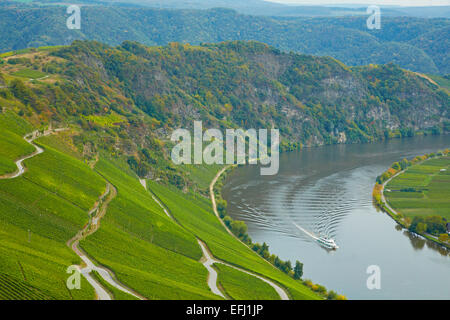 View towards the Moselloreley and the valley of the river Mosel near Piesport, Rhineland-Palatinate, Germany, Europe Stock Photo