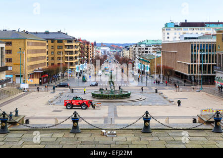 View down Avenyn (The Avenue) and the Poseidon statue in Gothenburg from top of Götaplatsen, Gothenburg, Sweden  Model Release: No.  Property Release: No. Stock Photo