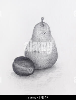 Pencil drawing of a pear and a plum - grayscale on cartridge paper. Stock Photo