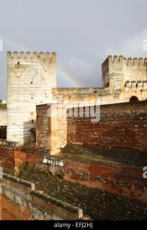 Towers of Alhambra and rainbow, Granada, Spain Stock Photo
