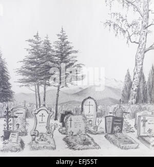 Pencil drawing of an old cemetery - grayscale on cartridge paper. Stock Photo