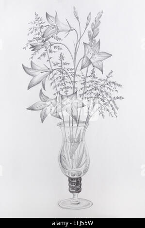 Pencil drawing of flowers in a glass vase - grayscale on cartridge paper. Stock Photo