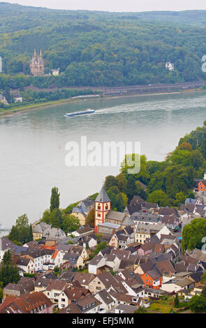 View from the Erpeler Ley towards Erpel and the Apollinaris church in Remagen, Rhine, Rhineland-Palatinate, Germany, Europe Stock Photo