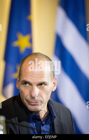 Berlin, Germany. 5th Feb, 2015. The new Greek Finance Minister Yanis Varoufakis at a press conference with German Finance Minister Wolfgang Schaeuble in Berlin, 5 February 2015. PHOTO: KAY NIETFELD/dpa/Alamy Live News Stock Photo