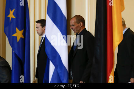 Berlin, Germany. 05th Feb, 2015. Wolfgang Schäuble (CDU), German Minister of Finance, and Yanis Varoufakis, Greek Minister of Finance during press conference after bilateral meeting realized at the German Ministery of Finance  on February 05, 2015 in Berlin, Germany. / Picture: Yanis Varoufakis, Greek Minister of Finance during press conference aside  German Finance Minister Schäuble. © Reynaldo Chaib Paganelli/Alamy Live News Credit:  Reynaldo Chaib Paganelli/Alamy Live News Stock Photo