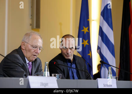 Berlin, Germany. 05th Feb, 2015. Wolfgang Schäuble (CDU), German Minister of Finance, and Yanis Varoufakis, Greek Minister of Finance during press conference after bilateral meeting realized at the German Ministery of Finance  on February 05, 2015 in Berlin, Germany. / Picture: Wolfgang Schäuble (CDU), German Minister of Finance, and Yanis Varoufakis, Greek Minister of Finance during joint press conference in Berlin. © Reynaldo Chaib Paganelli/Alamy Live News Credit:  Reynaldo Chaib Paganelli/Alamy Live News Stock Photo