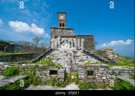 Clock tower of the castle, historic centre, UNESCO World Heritage Site, Gjirokastër, Albania Stock Photo