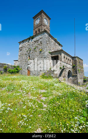 Clock tower of the castle, historic centre, UNESCO World Heritage Site, Gjirokastër, Albania Stock Photo