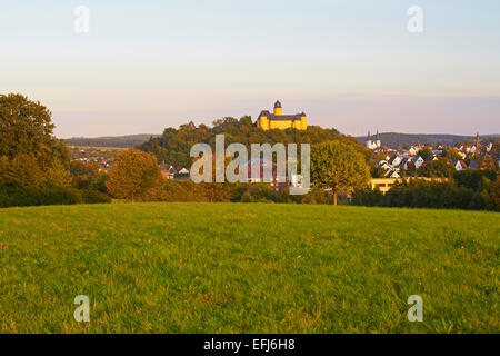 Montabaur castle, Academy of German Cooperative Banks and the church of St. Peter in Ketten, Montabaur, Westerwald, Rhineland-Pa Stock Photo