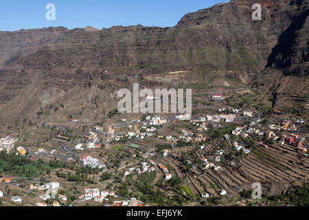 View of the villages in the upper Valle Gran Rey, Lomo del Balo and La Vizcaina, La Gomera, Canary Islands, Spain Stock Photo