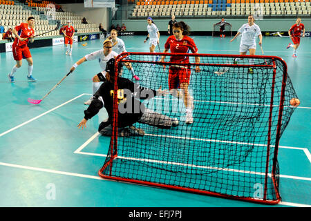 Nitra, Slovakia. 5th Feb, 2015. Tereza Urbankova (CZE), left, scores women floorball World Championship qualification match Czech Republic vs Italy in Nitra, Slovakia, on Thursday, February 5, 2015. © Jan Koller/CTK Photo/Alamy Live News Stock Photo