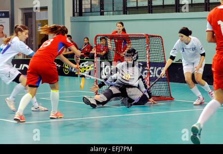 Nitra, Slovakia. 5th Feb, 2015. Left to right: Laura Mangarelli (ITA), Adela Bocanova (CZE), goalkeeper Alberta Franco and Edith Fleischmann (both ITA) in action during women floorball World Championship qualification match Czech Republic vs Italy in Nitra, Slovakia, on Thursday, February 5, 2015. © Jan Koller/CTK Photo/Alamy Live News Stock Photo