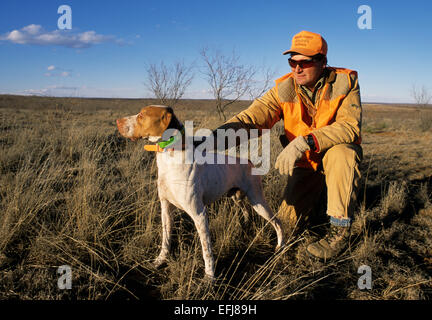 A hunter with his English Pointer dog while quail hunting near Guthrie Texas Stock Photo