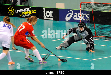 Nitra, Slovakia. 5th Feb, 2015. Left to right: Sandra Reinstadler (ITA), Hana Polakova (CZE) and goalkeeper Alberta Franco (ITA) in action during women floorball World Championship qualification match Czech Republic vs Italy in Nitra, Slovakia, on Thursday, February 5, 2015. © Jan Koller/CTK Photo/Alamy Live News Stock Photo