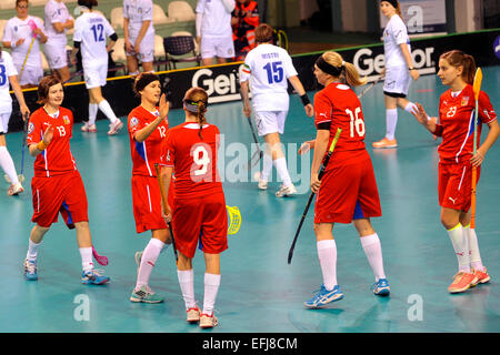 Nitra, Slovakia. 5th Feb, 2015. Left to right: Czech players Michaela Mlejnkova, Hana Konickova, Klara Leierova, Tereza Urbankova and Adela Bocanova celebrate their 17th goal during women floorball World Championship qualification match Czech Republic vs Italy in Nitra, Slovakia, on Thursday, February 5, 2015. © Jan Koller/CTK Photo/Alamy Live News Stock Photo