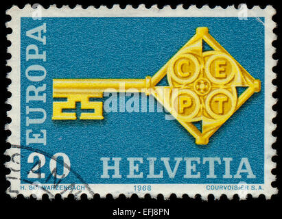 SWITZERLAND - CIRCA 1968: A stamp printed in Switzerland from the 'Europa' issue shows a key, circa 1968. Stock Photo