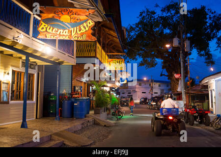 Panama, Bocas del Toro Province, Colon Island (Isla Colon),  main street. Bocas del Toro, Panama by night. Restaurants and hotel Stock Photo