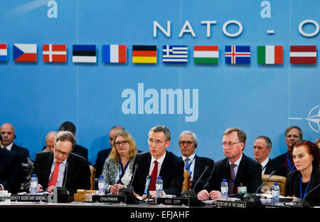 (150205) -- BRUSSELS, Feb. 5, 2015 (xinhua) -- NATO Secretary General Jens Stoltenberg (2nd L, front) speaks during the NATO defense ministers meeting at the Alliance headquarters in Brussels, capital of Belgium, Feb. 5, 2014. NATO Defense Ministers gathered here on Thursday to discuss the implementation of the Readiness Action Plan and the Ukraine crisis. (Xinhua/Zhou Lei) Stock Photo